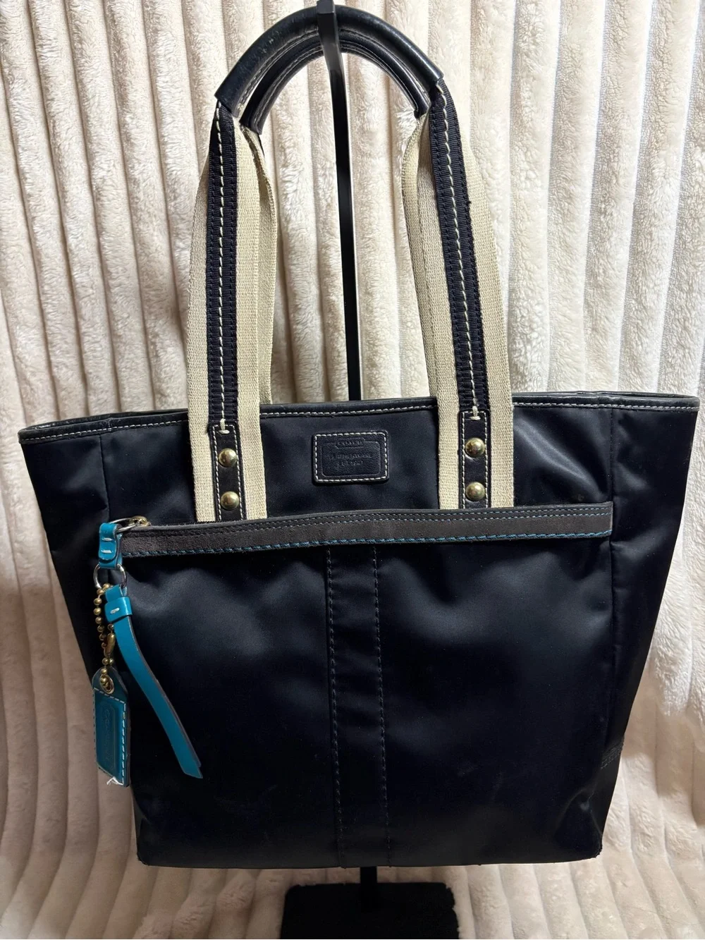Coach Hamptons Weekend Black Nylon Tote Blue Trim F11670 Travel Work Bag